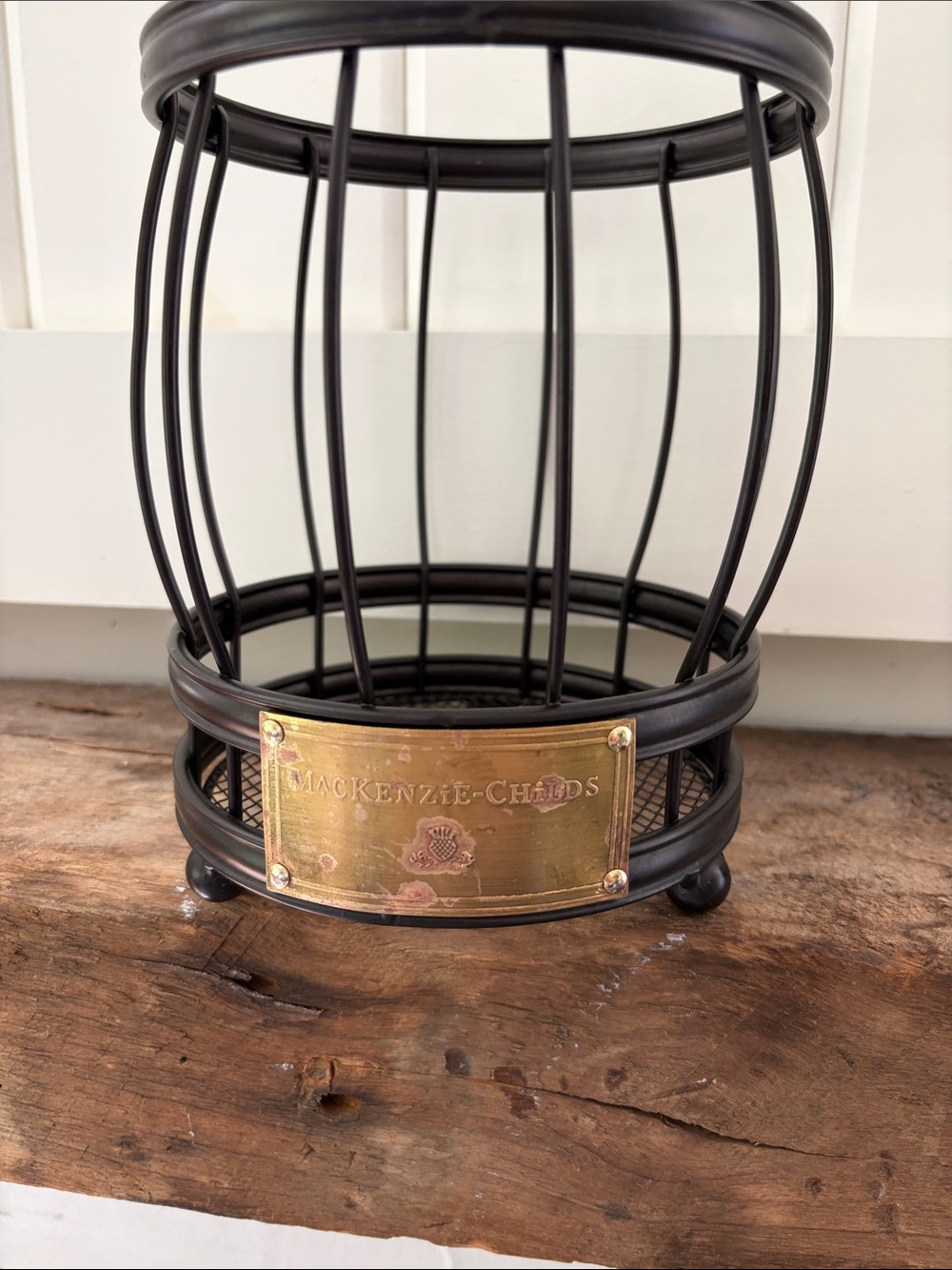 MacKenzie-Childs Black Metal utensil holder with Brass Plaque